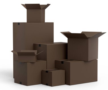 Karton kutular ya da beyaz arka planda izole edilmiş bir hediye kutusu. 3D ekspres teslimat kavramı depo, paket taşımak ve çevrimiçi alışveriş