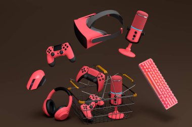 Flying gamer gears like mouse, keyboard, web camera, headphones and microphone in metal wire basket on dark background. 3d render of sale, shopping and delivery of accessories for live streaming