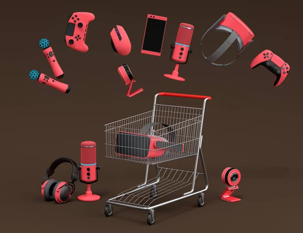 Flying gamer gears like mouse, web camera, joystick, headset, VR Headset in shopping carts and basket on dark background. 3d render of sale, shopping and delivery of accessories for live streaming