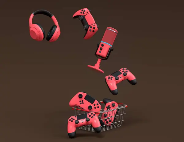 Gamer gears like mouse, keyboard, joystick, headset, VR Headset. microphone in metal wire basket on dark background. 3d render of sale, shopping and delivery of accessories for live streaming