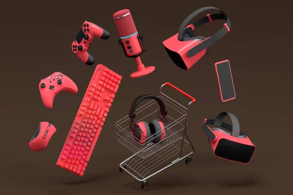 Flying gamer gears like mouse, keyboard, joystick, headset, VR Headset in shopping carts and basket on dark background. 3d render of sale, shopping and delivery of accessories for live streaming