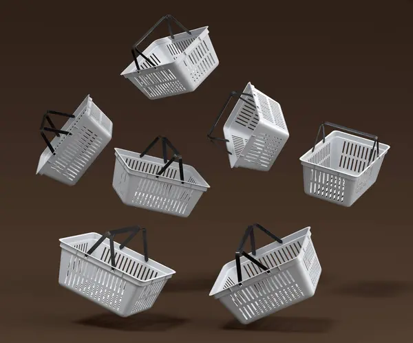 Set of flying plastic shopping basket from supermarket on dark background. 3d render concept of online shopping and black friday sale