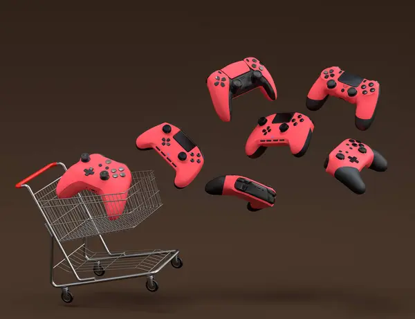 Set of flying gamer joysticks or gamepads in shopping carts on dark background. 3d render concept of sale, discount, shopping and delivery of accessories for live streaming concept top view