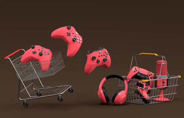 Flying gamer gears like mouse, keyboard, joystick, headset, VR Headset. web camera in plastic basket on dark background. 3d render of sale, shopping and delivery of accessories for live streaming