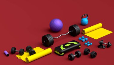 Yoga minderi, kettlebell, fitness topu ve kırmızı arka plandaki akıllı saatler gibi spor malzemelerinin farklı bir görüntüsü. Güç kaldırma ve zindelik kavramının 3 boyutlu canlandırması