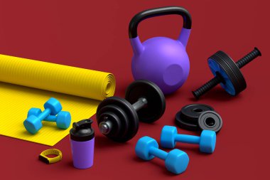 Yoga minderi, kettlebell, fitness topu ve kırmızı arka plandaki akıllı saatler gibi spor malzemelerinin farklı bir görüntüsü. Güç kaldırma ve zindelik kavramının 3 boyutlu canlandırması