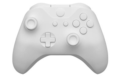 Beyaz tek renkli arka planda gerçekçi video oyunu joystick 'i. Bulut oyunu ya da şampiyon ve kazanan ödülleri konsepti için 3B yayın ekipmanı