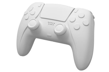 Beyaz tek renkli arka planda gerçekçi video oyunu joystick 'i. Bulut oyunu ya da şampiyon ve kazanan ödülleri konsepti için 3B yayın ekipmanı