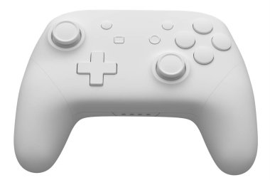 Beyaz tek renkli arka planda gerçekçi video oyunu joystick 'i. Bulut oyunu ya da şampiyon ve kazanan ödülleri konsepti için 3B yayın ekipmanı