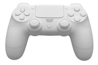 Beyaz tek renkli arka planda gerçekçi video oyunu joystick 'i. Bulut oyunu ya da şampiyon ve kazanan ödülleri konsepti için 3B yayın ekipmanı
