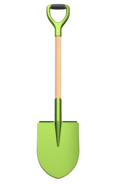 Beyaz arka planda izole edilmiş tahta saplı bahçe küreği. Çiftlik ve yaz kampı için 3D bahçe aletleri ve ekipman.