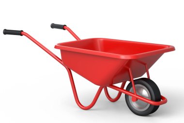 Garden wheelbarrow isolated on white background. Handcart with wheel. 3d render of farm gardening tool for carriage of cargoes.