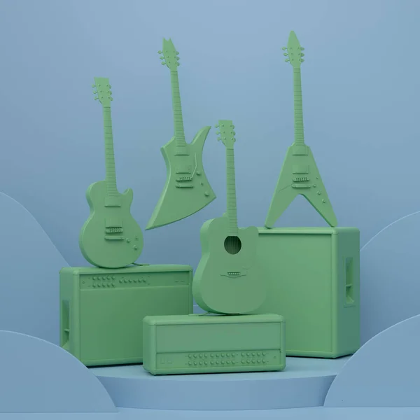 声乐吉他手和鼓手 舞台上有保险杠 单色背景上有基座 3D渲染展示产品 如音乐打击乐器 — 图库照片
