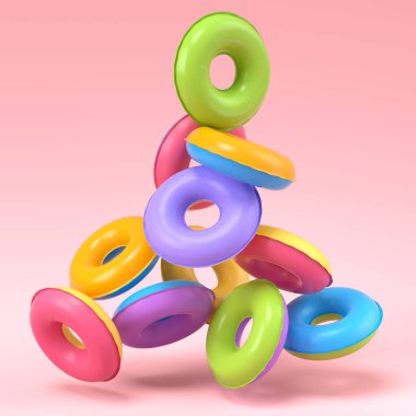 Colorful inflatable rings flying on pink background. 3D render of summer vacation concept and holidays