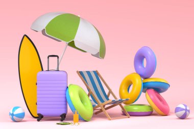 Renkli bavul ya da pembe arka planda plaj aksesuarları olan bavul. Yaz tatili konsepti ve tatillerinin 3 boyutlu canlandırması