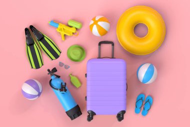 Renkli bavul ya da pembe arka planda plaj aksesuarları olan bavul. Yaz tatili konsepti ve tatillerinin 3 boyutlu canlandırması