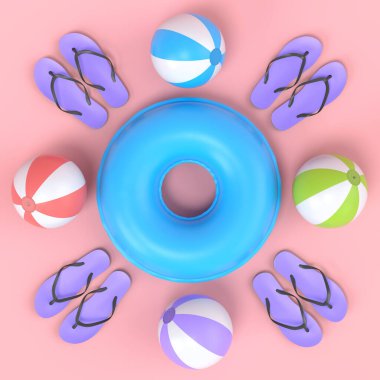 Renkli şişirilebilir halkalar ve pembe arka plandaki güneş gibi parmak arası terlikler. Yaz tatili konsepti ve hava durumu simgesinin 3 boyutlu canlandırması