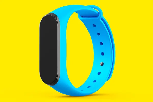 Blue fitness tracker or smart watch with heart rate monitor isolated on yellow background. 3d render of sport equipment for active training and wearable device.