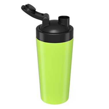 Beyaz arka planda izole edilmiş protein içeceği için yeşil plastik karıştırıcı. Spor gıda kokteyl kabının 3 boyutlu sunucusu