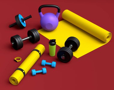 Yoga minderi, kettlebell, fitness topu ve kırmızı arka plandaki akıllı saatler gibi spor malzemelerinin farklı bir görüntüsü. Güç kaldırma ve zindelik kavramının 3 boyutlu canlandırması