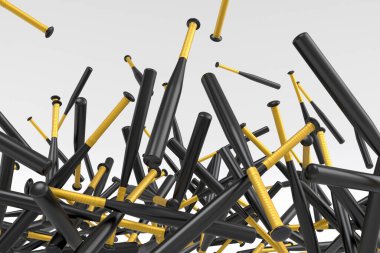 Beyazların arka planında beyzbol sopası gibi spor malzemelerinin uçuşu. Takım oyunu için 3 boyutlu spor aksesuarları hazırlayıcı