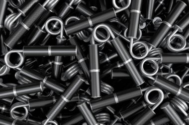 Spor malzemeleri yığını, el genişleticiyi ya da siyah arka planda lastik saplı direnç bandını sever. Fitness, trx ve power lift için 3D spor ekipmanı hazırlayıcı