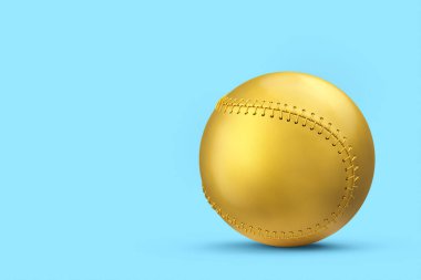 Mavi arka planda izole edilmiş altın softball ya da beyzbol topu. Takım oyunları için 3 boyutlu spor aksesuarları hazırlama