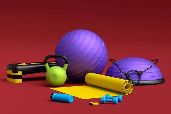 Isometric view of sport equipment like yoga mat, kettlebell, fitness ball and smart watches on red background. 3d render of power lifting and fitness concept