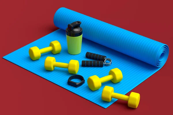 Isometric view of sport equipment like yoga mat, dumbbell, water bottle and smart watches on red background. 3d render of power lifting and fitness concept