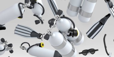 Birçok uçan dalış malzemesi ve oksijen tüpü, parmak arası terlik ve beyaz arka planda dalgıç maskesi gibi plaj aksesuarları. Yaz tatili konsepti ve tatillerinin 3 boyutlu canlandırması