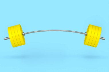 Mavi arka planda sarı diskleri olan soyut metal halterler. Spor malzemelerinin fitness ve powerlift için 3D yorumlaması
