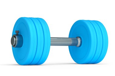 Beyaz zemin üzerinde mavi diskleri olan metal halterler. Spor malzemelerinin fitness ve powerlift için 3D yorumlaması
