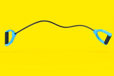 Sarı arka planda kauçuk saplı el genişletme bandı veya direnç bandı var. Spor malzemelerinin fitness, trx ve powerlift için 3d yorumlanması