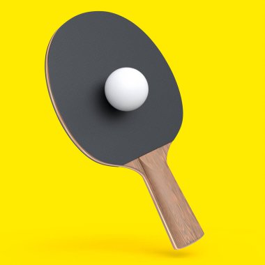 Masa tenisi için siyah masa tenisi raketi ve sarı arka planda izole edilmiş top. Aktif eğitim için 3D spor ekipmanı hazırlama