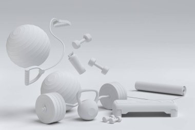 Yoga minderi, kettlebell, dambıl ve monokrom arka plandaki akıllı saatler gibi spor aletleri. Güç kaldırma ve zindelik kavramının 3 boyutlu canlandırması