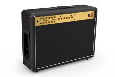 Beyaz zemin üzerinde klasik elektrik ve akustik gitar amplifikatörü izole edildi. Stüdyo veya prova odasında bas gitar kaydetmek için 3D yükseltici