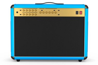 Beyaz zemin üzerinde klasik elektrik ve akustik gitar amplifikatörü izole edildi. Stüdyo veya prova odasında bas gitar kaydetmek için 3D yükseltici