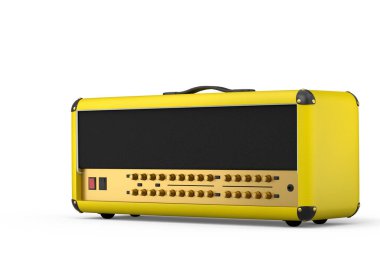 Beyaz zemin üzerinde klasik elektrik ve akustik gitar amplifikatörü izole edildi. Stüdyo veya prova odasında bas gitar kaydetmek için 3D yükseltici