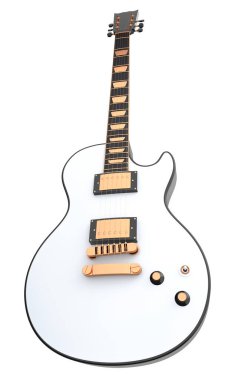 Yakın plan elektirikli akustik gitar beyaz arka planda izole edilmiş. Müzik dükkanı için heavy metal gitarlı 3D rock festivali posteri.