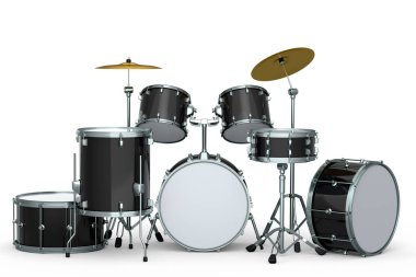 Beyaz arka planda metal zilleri olan gerçekçi davullar. 3D render müzik perküsyon enstrümanı, davul makinesi ve bateri seti