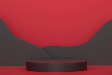 Kırmızı arka planda basamakları olan siyah silindir bir podyum. Ürün gösterimi için soyut gerçekçi geometrik kaide veya platformun 3 boyutlu canlandırması. En küçük sahne.