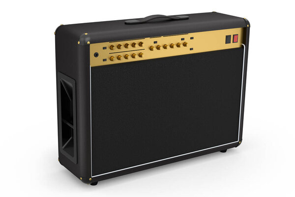 Classical electric and acoustic guitar amplifier isolated on white background. 3d render of amplifier for recording bass guitar in studio or rehearsal room