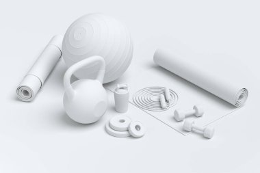 Yoga minderi, kettlebell, fitness topu ve tek renkli arka plandaki akıllı saatler gibi spor ekipmanlarına özgün bir bakış açısı. Güç kaldırma ve zindelik kavramının 3 boyutlu canlandırması