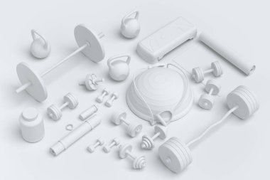 Yoga minderi, kettlebell, fitness topu ve tek renkli arka plandaki akıllı saatler gibi spor ekipmanlarına özgün bir bakış açısı. Güç kaldırma ve zindelik kavramının 3 boyutlu canlandırması