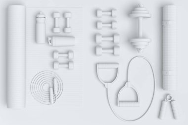 Yoga minderi, kettlebell, fitness topu ve tek renkli arka plandaki akıllı saatler gibi spor ekipmanlarına özgün bir bakış açısı. Güç kaldırma ve zindelik kavramının 3 boyutlu canlandırması