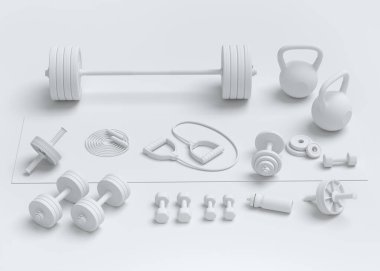 Yoga minderi, kettlebell, fitness topu ve tek renkli arka plandaki akıllı saatler gibi spor ekipmanlarına özgün bir bakış açısı. Güç kaldırma ve zindelik kavramının 3 boyutlu canlandırması