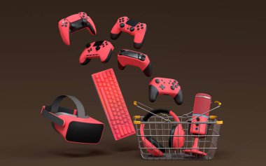 Gamer gears like mouse, keyboard, joystick, headset, VR Headset in metal wire basket on dark background. 3d render concept of sale, discount, shopping and delivery of accessories for live streaming