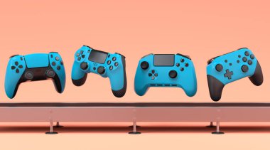 Oyuncuların joystickleri ya da oyun koruyucuları turuncu arka planda fabrika hattında. 3D satış, indirim, alışveriş ve canlı yayın konsepti aksesuarları sunma kavramı üst görünüm