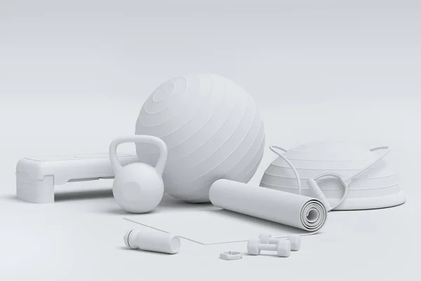 Isometric view of sport equipment like yoga mat, kettlebell, fitness ball and smart watches on monochrome background. 3d render of power lifting and fitness concept