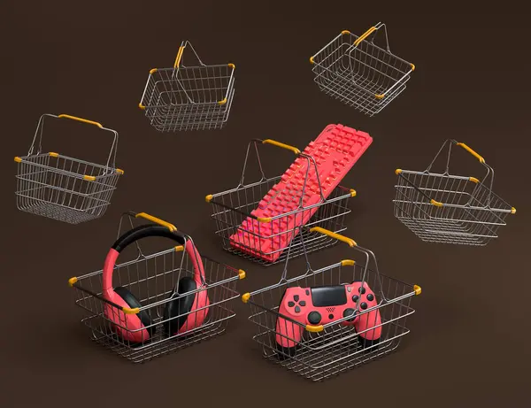 Gamer gears like mouse, keyboard, joystick, headset, VR Headset in metal wire basket on dark background. 3d render concept of sale, discount, shopping and delivery of accessories for live streaming